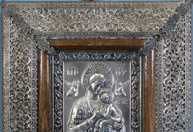 006d - Pair of Greek religious icons framed with sterling-silver overlay, 9.5 x 9